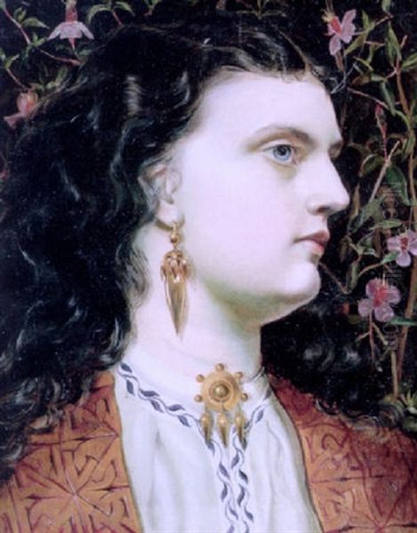 Miss Sandys Wearing A Gold And Embroidered Jacket, Gold Earrings And A Brooch Oil Painting by Anthony Frederick Augustus Sandys