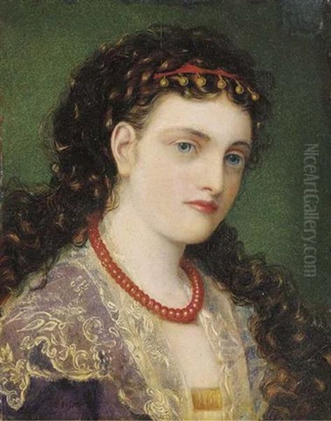 Portrait Of A Young Woman Wearing A Coral Bead Necklace Oil Painting by Emma Sandys