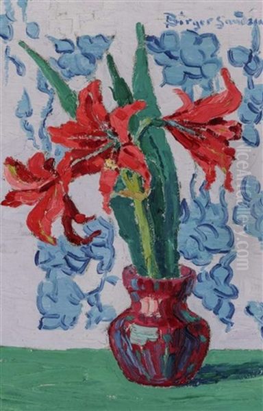 Untitled Floral Still Life, Amaryllis In A Pottery Vase Oil Painting by Birger Sandzen