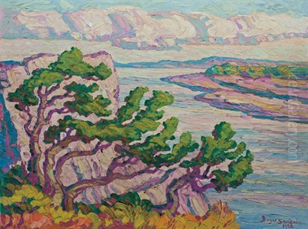 Riverbank With Cedars, Rocheport, Mo Oil Painting by Birger Sandzen