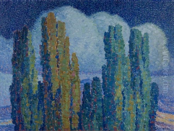 Night Poplars In Moonlight Oil Painting by Birger Sandzen