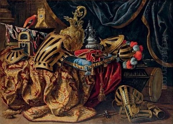 Pieces Of Parade Armour, A Plumed Helmet, A Pistol In A Case, A Gilt Ewer, A Silver Perfume Burner, A Jewellery Box, A Trumpet And A Flag On A Partly-draped Cassone, With A Parrot, A Renaissance Pillar Clock On A Pedestal And A Drum And A Mace On A Stone Oil Painting by Magdeleine Boulogne