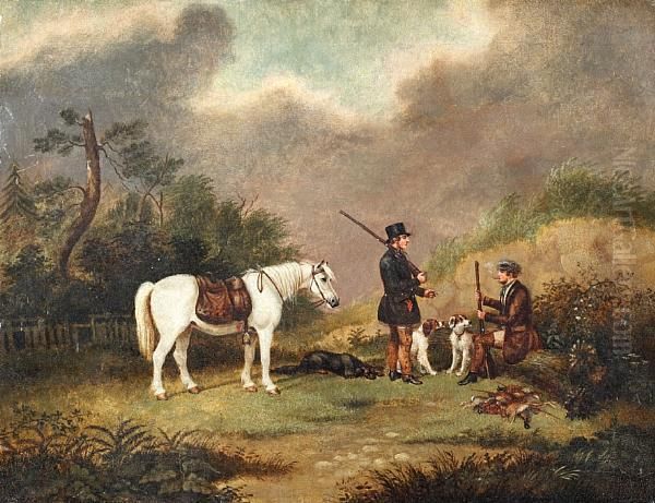 Two Huntsmen With Gun Dogs And A Pony In A Landscape Oil Painting by Augustus S. Boult