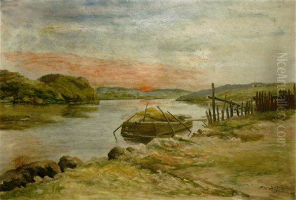 A Moored Boat On A River At Sunset, Stockholm Oil Painting by Birger Sandzen