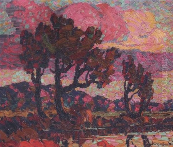 Trees By A River With Clouds In The Distance Oil Painting by Birger Sandzen