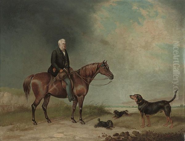 A Country Gentleman Seated On His Chestnut Hunter, With Dogsbelow Oil Painting by Augustus S. Boult