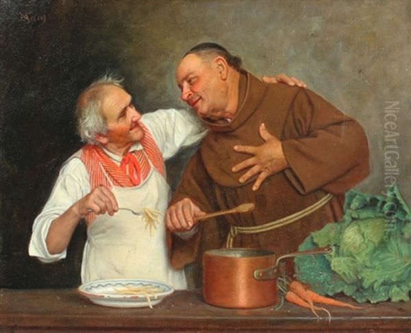 Monk And Chef In The Kitchen Oil Painting by David Sani