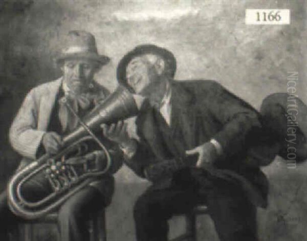 Two Seated Male Musicians After Passing The Hat Oil Painting by David Sani