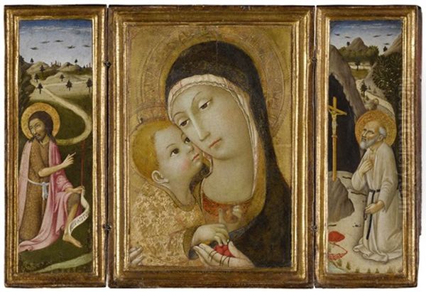 Madonna And Child; Saint John The Baptist; Saint Jerome: A Portable Triptych Oil Painting by  Sano di Pietro