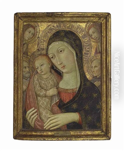 The Madonna And Child With Saint Bernardino Of Siena, A Male Saint And Two Angels Oil Painting by  Sano di Pietro