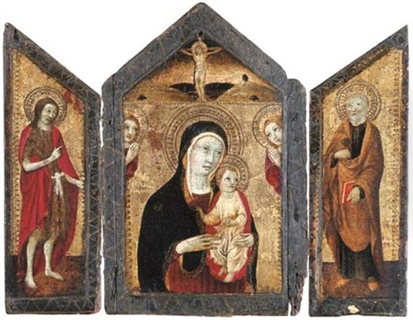 The Madonna And Child With Two Angels And Christ On The Cross, Saint John The Baptist And Saint Peter (triptych) Oil Painting by  Sano di Pietro