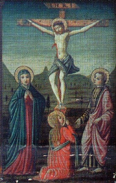 La Crucifixion Entre Sainte-marie-madeleine Et Saint-jean-baptiste Oil Painting by  Sano di Pietro