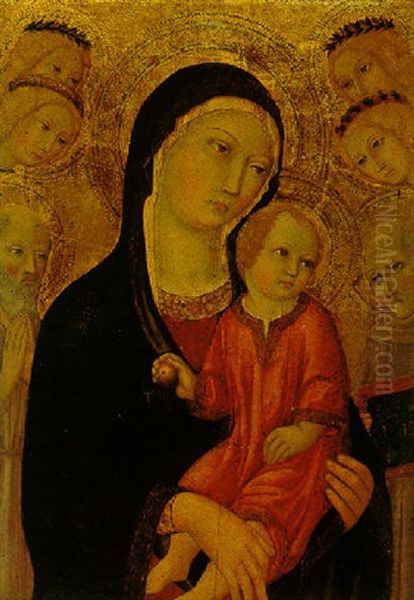 The Madonna And Child With Saint Bernardino Of Siena, A Male Saint And Attendant Angels Oil Painting by  Sano di Pietro