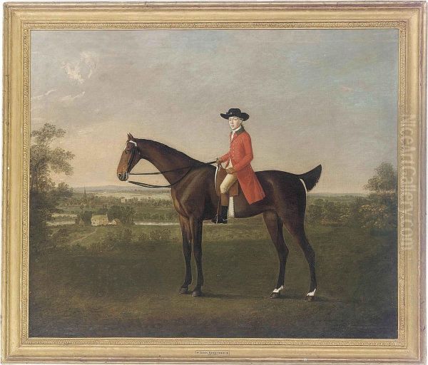 A Gentleman With His Hunter, An Extensive Landscape With Riverbeyond Oil Painting by John Boultbee