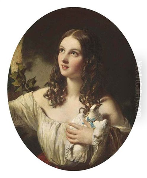 Portrait Of A Young Girl In A White Muslin Dress With A Red Sash, Holding A Dove Oil Painting by James Sant