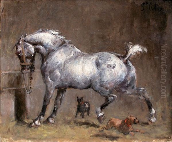 Cheval Blanc A L'ecurie Oil Painting by Emmanuel De Santa Coloma