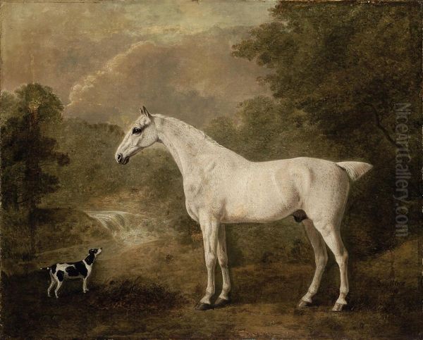 A Flea-bitten Grey Hunter And A Terrier In A River Landscape Oil Painting by John Boultbee