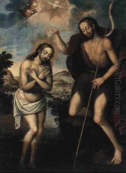 El Bautismo De Cristo Oil Painting by Basilio Santa Cruz De Pumacallao