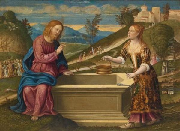 Christ And The Woman Of Samaria Oil Painting by Girolamo da Santacroce