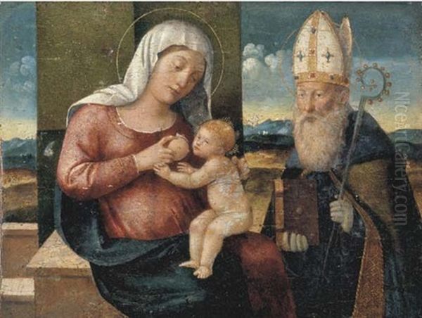 Madonna Con Bambino E Santo Vescovo Oil Painting by Girolamo da Santacroce