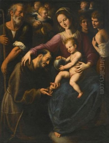 The Holy Family With Saint Francis Of Assisi Adoring The Christ Child, With Two Youths And Angels Above Oil Painting by Fabrizio Santafede