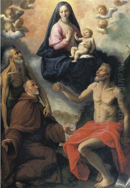 Madonna Con I Santi Onofrio, Gerolamo E Un Devoto Oil Painting by Fabrizio Santafede