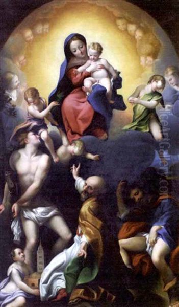 Madonna Of Saint Sebastian (after Correggio) Oil Painting by Fabrizio Santafede