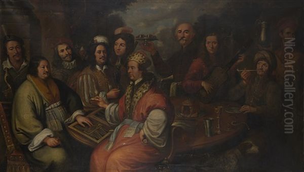 Ritratto Di Gruppo Con Giocatori Di Backgammon, Falconieri, Musici E Tavola Imbandita Oil Painting by Agostino Santagostino