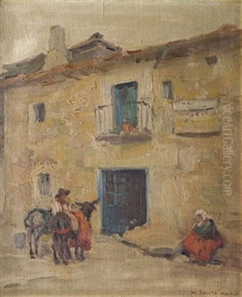 Campesinos En El Pueblo Oil Painting by Marceliano Santamaria y Sedano