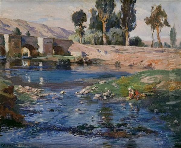 Paisaje Castellano Con Rio Oil Painting by Marceliano Santamaria y Sedano