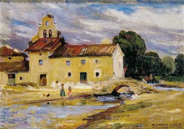 Vista Del Puente Y La Iglesia De Santa Maria En San Medel Oil Painting by Marceliano Santamaria y Sedano