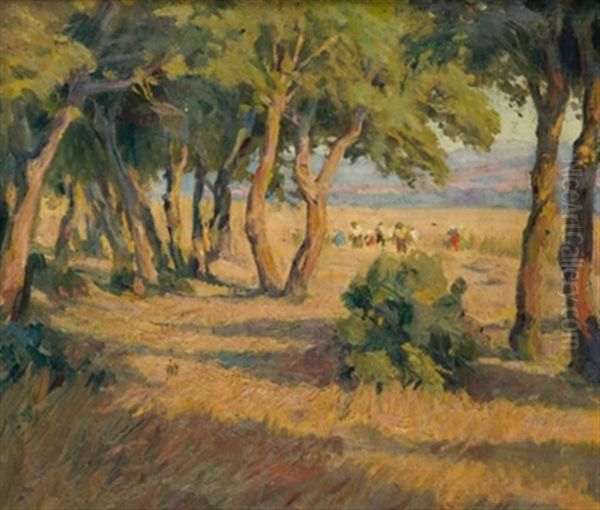 Paisaje Arbolado Con Campesinos Oil Painting by Marceliano Santamaria y Sedano