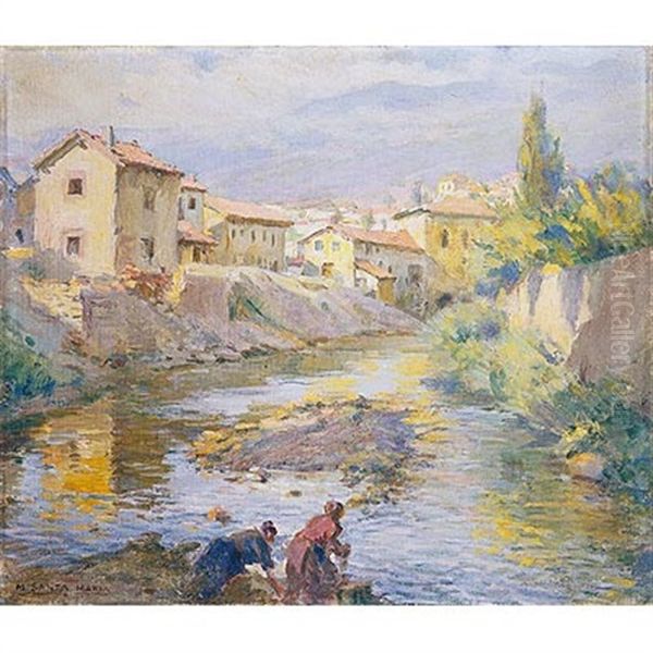 Lavanderas En El Rio Oil Painting by Marceliano Santamaria y Sedano