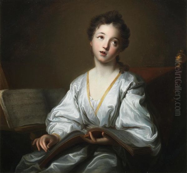 Portrait Of A Young Lady, Half-length, In A White Silk Dress, Singing Oil Painting by Jean-Baptiste Santerre