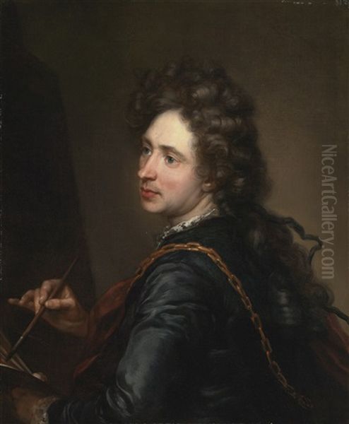 Portrait Of An Artist Holding A Palatte And Brush Before An Easel Oil Painting by Jean-Baptiste Santerre