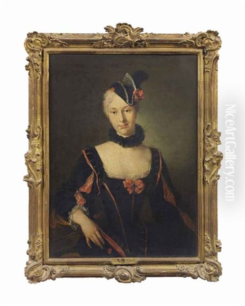 Portrait Of A Lady, Half-length, In A Black And Red Dress With Slashed Sleeves, Wearing A Plumed Headdress Oil Painting by Jean-Baptiste Santerre