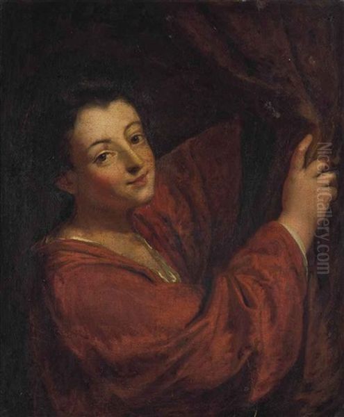 Portrait Of A Woman, Half-length, In A Red Dress, Holding Back A Curtain Oil Painting by Jean-Baptiste Santerre