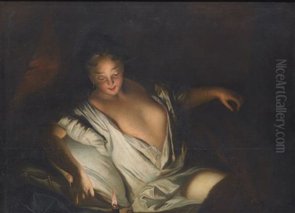 Lady With An Open Decollete Reclining On A Bed, Lighting A Candle Oil Painting by Jean-Baptiste Santerre