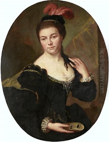 Portrait Of A Lady, With A Plumed Hat And Holding A Mask by Jean-Baptiste Santerre