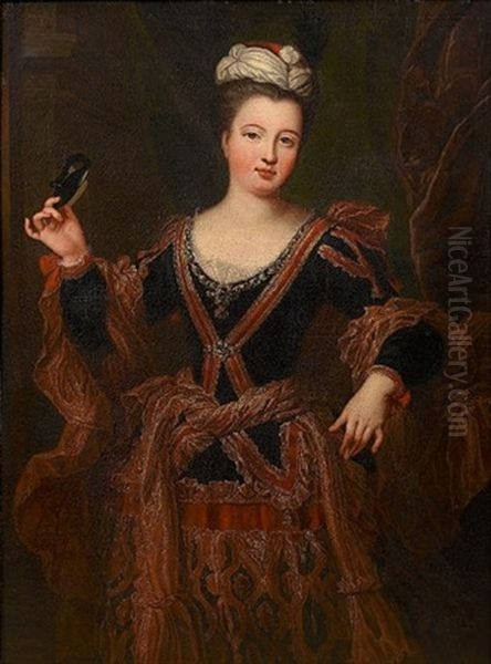 Portrait Of A Lady, Three-quarter-length, In A Dark Blue Dress With Gold Brocade Decoration, Holding A Mask And Standing Before A Curtain Oil Painting by Jean-Baptiste Santerre