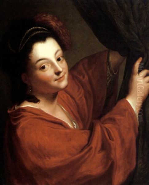 Woman In Red Withdrawing A Curtain Oil Painting by Jean-Baptiste Santerre