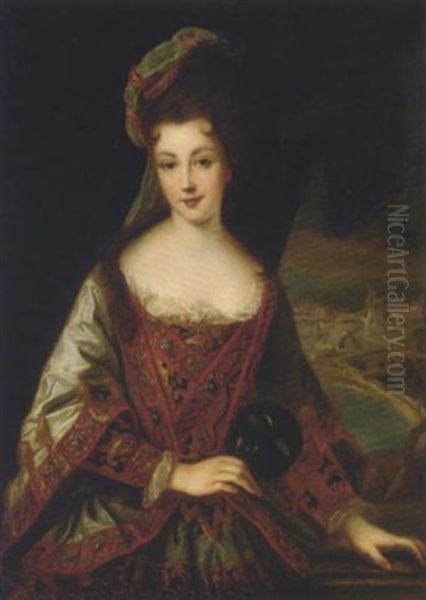 Portrait Of A Lady (marie Adelaide De Savoie, Duchesse De Bourgogne?) Holding A Mask, A View Of A Town Beyond Oil Painting by Jean-Baptiste Santerre