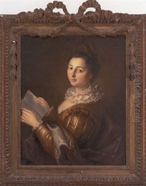 Portrait Of A Lady In Gold Coloured Dress With Slashed Sleeves And A White Ruff, Holding A Letter Oil Painting by Jean-Baptiste Santerre