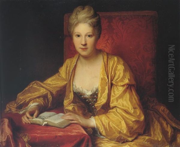 A Portrait Of A Lady (adrienne Le Couvreur?) Reading A Book Oil Painting by Jean-Baptiste Santerre