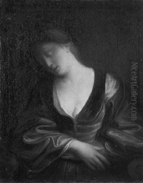 A Sleeping Girl, Wearing A Blue Velvet Bodice Oil Painting by Jean-Baptiste Santerre