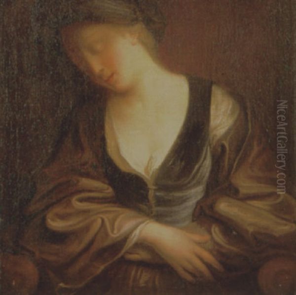 A Sleeping Girl, Wearing A Blue Velvet Bodice Oil Painting by Jean-Baptiste Santerre