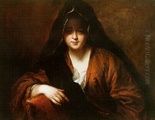 A Young Lady Seated On A Red Velvet Chair, Wearing A Brown Coat And A Black Veil Oil Painting by Jean-Baptiste Santerre