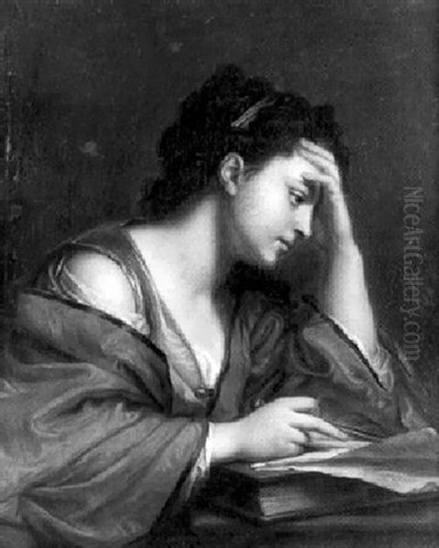 Jeune Femme Pensive A Son Bureau Oil Painting by Jean-Baptiste Santerre