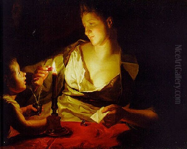 A Woman Sealing A Letter By Candlelight, Assisted By A Child Oil Painting by Jean-Baptiste Santerre