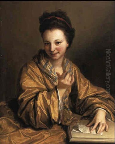 Young Lady Wearing A Yellow Robe Seated At A Table Oil Painting by Jean-Baptiste Santerre